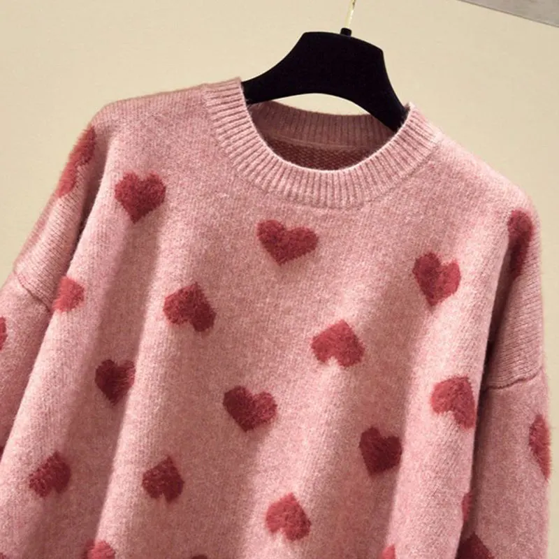 Heart Shaped Dot Sweet Lovely Mink Knit O-Neck Long Sleeve Pullover Women\'s Sweater Female Sweaters Tops Woman Clothing Fashion