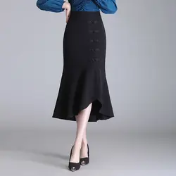 Elegant Irregular Mermaid Midi Skirts Basic Women's Clothing High Waist Spring Autumn Vintage Fashion Chinese Disc Buckle Skirts