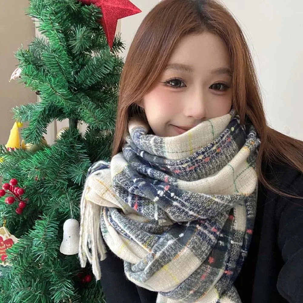 

Shawl Soft Plaid Knitted Scarf Classic Cold-proof Long Tassel Neckscarf Korean Style Polyester Women Thickened Scarf Spring