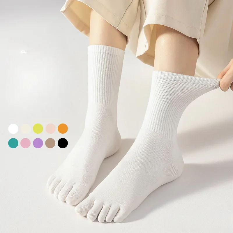 5 Pairs Women Cute Cotton Socks with Separate Fingers Middle Tube Toe Socks Four Season Sports Five Finger Athletic Socks