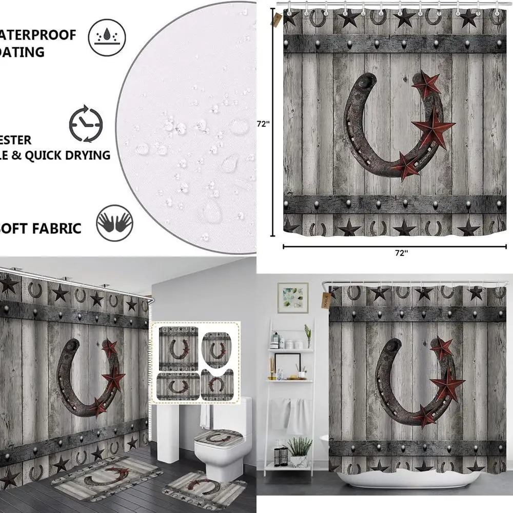 

Vintage Western Star Horseshoe Shower Set with Primitive Rustic Farmhouse Decor and Non-Slip Bath Mat