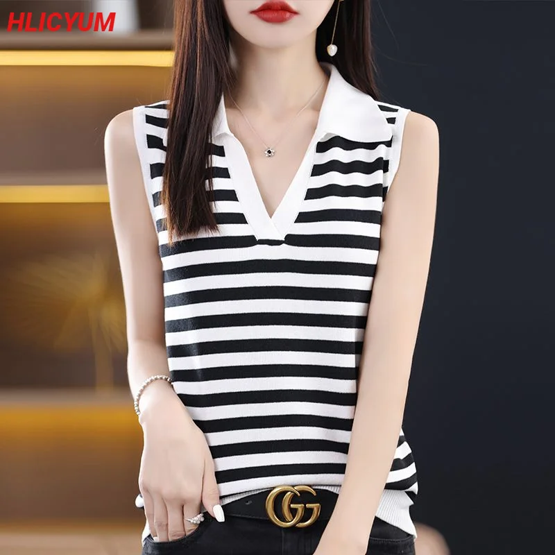 

Women's T-shirt Summer New Striped Sweater Sleeveless Casual Knit Polo Collar Ladies Tops Blouse Overside Tees