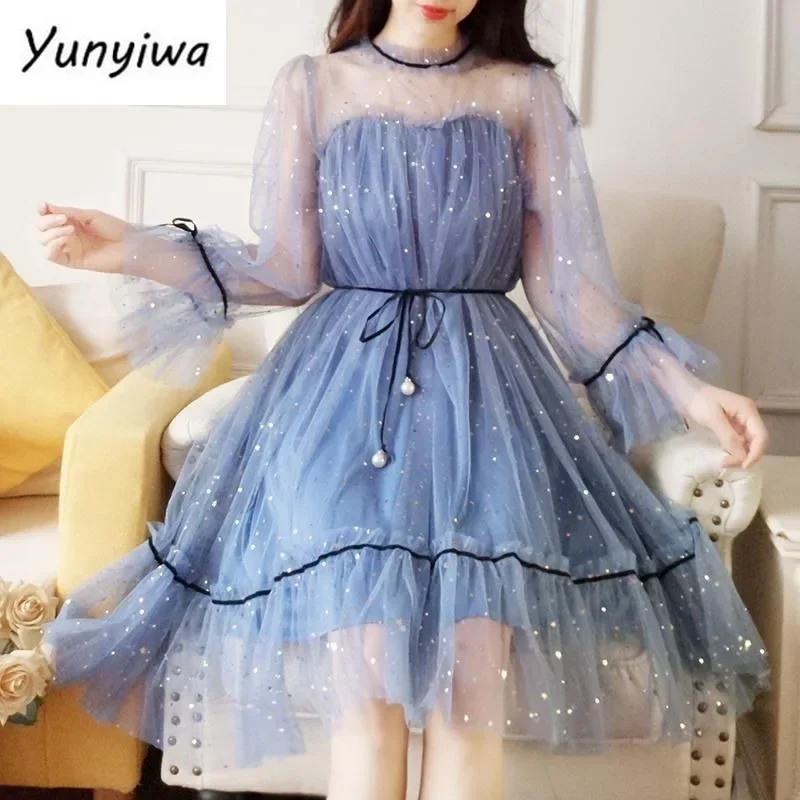 

Mesh Dresses Women Patchwork Sequined Holiday O-Neck Spring Korean Style Elegant Vestido Feminino Sweet College Female Popular