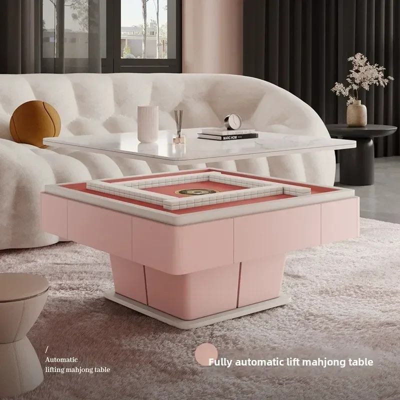 Solid wood lifting mahjong table coffee table dual-purpose integrated household multi-functional dining table pink automatic