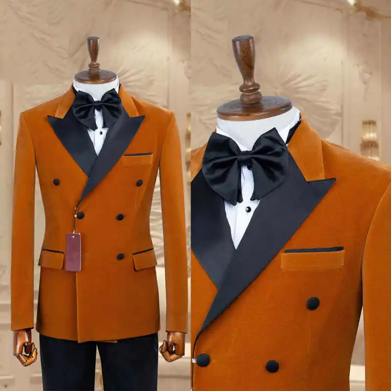 

Formal Groom Wedding Suits Velvet 2 Pieces Jacket Pants Double Breasted Peaked Lapel Men Slim Fit Costume Homme Customized