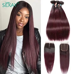 1B 99J Straight Bundles With Closure Sexay Bazilian Human Hair Ombre Burgundy Colored Hair Bundles With Transparent Lace Closure