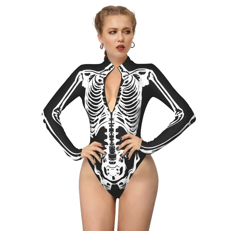 VIP FASHION Women Scary Skeleton Ghost Punk Print Halloween Long Sleeve Zentai Bodysuit Catsuit Sexy Swimsuits Cosplay Costumes