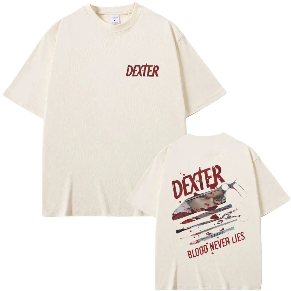 TV Play Dexter Morgan Blood Never Lies Camisetas gráficas Homens Mulheres Roupas Casual Camiseta de algodão masculina Vintage Camiseta de grandes dimensões