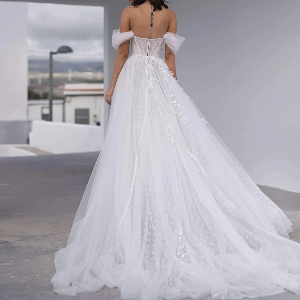 Customized Beach Princess Wedding Dress Off Shoulder A-Line Sweep Train Point Net Bridal Gown Robe De Mariage Floor Length Woman