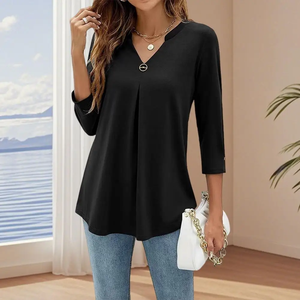 Women Shirt Summer Tee Shirt Women’s V-neck Pullover Tops Button Detail 3/4 Sleeve Wrinkle-resistant Tees Commuter Style Blouse