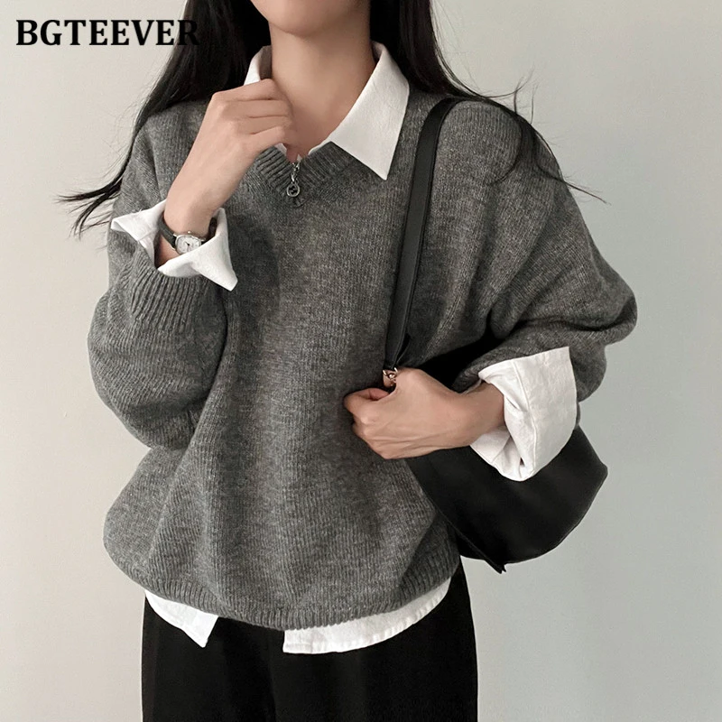 BGTEEVER Autumn Winter Warm Sweater for Women Loose V-neck Knitted Pullovers Jumpers Ladies Long Sleeve Knitwear Tops