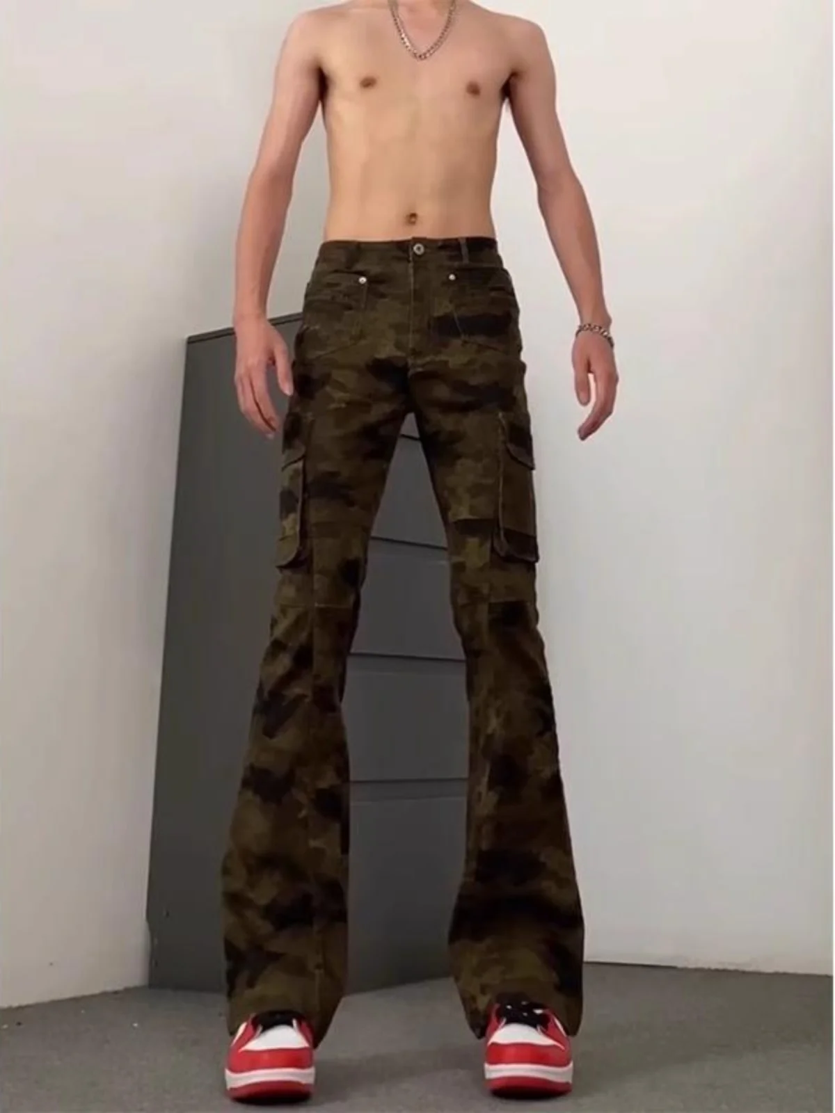 

High Waist Straight Leg Micro Flared Camouflage Pants Men's American Sle Slim Fit Durable Workwear Trousers Youth Faion