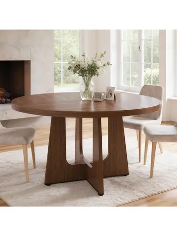 47" Round Dining Table for 4-6, Farmhouse Wood Circular Kitchen Tables, Dark Brown Retro Circle Dinner Table Easy Assembly