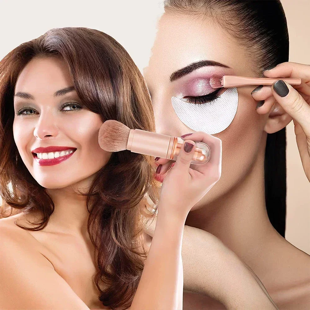 Juego de brochas de maquillaje de viaje 4 en 1, brocha Kabuki retráctil y 3 brochas pequeñas para ojos con cerdas suaves, pequeña y portátil para retocar