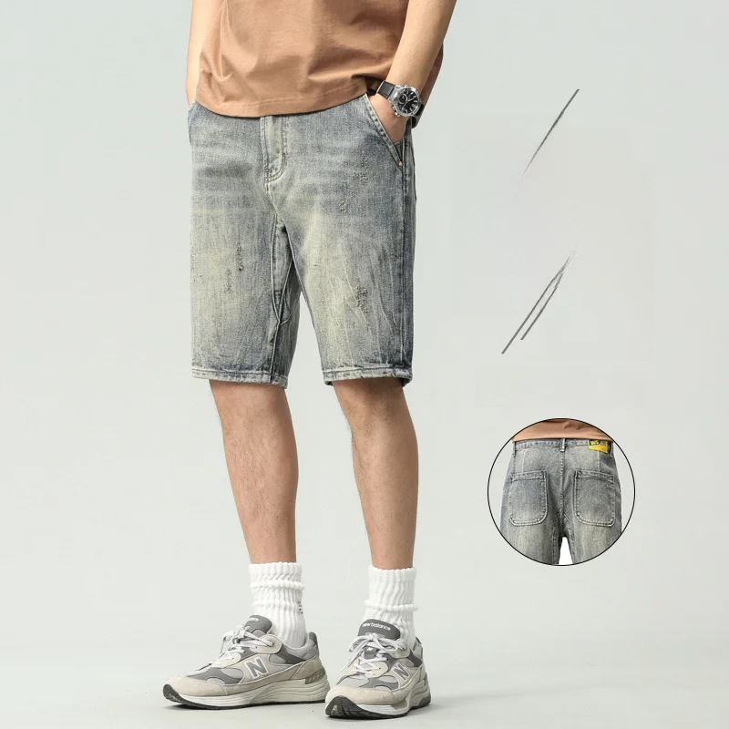 

American Retro Men's Denim Shorts Summer Thin Five-Point High Street Loose Casual Trendy Brand Loose Fit Jeans Cotton 100%