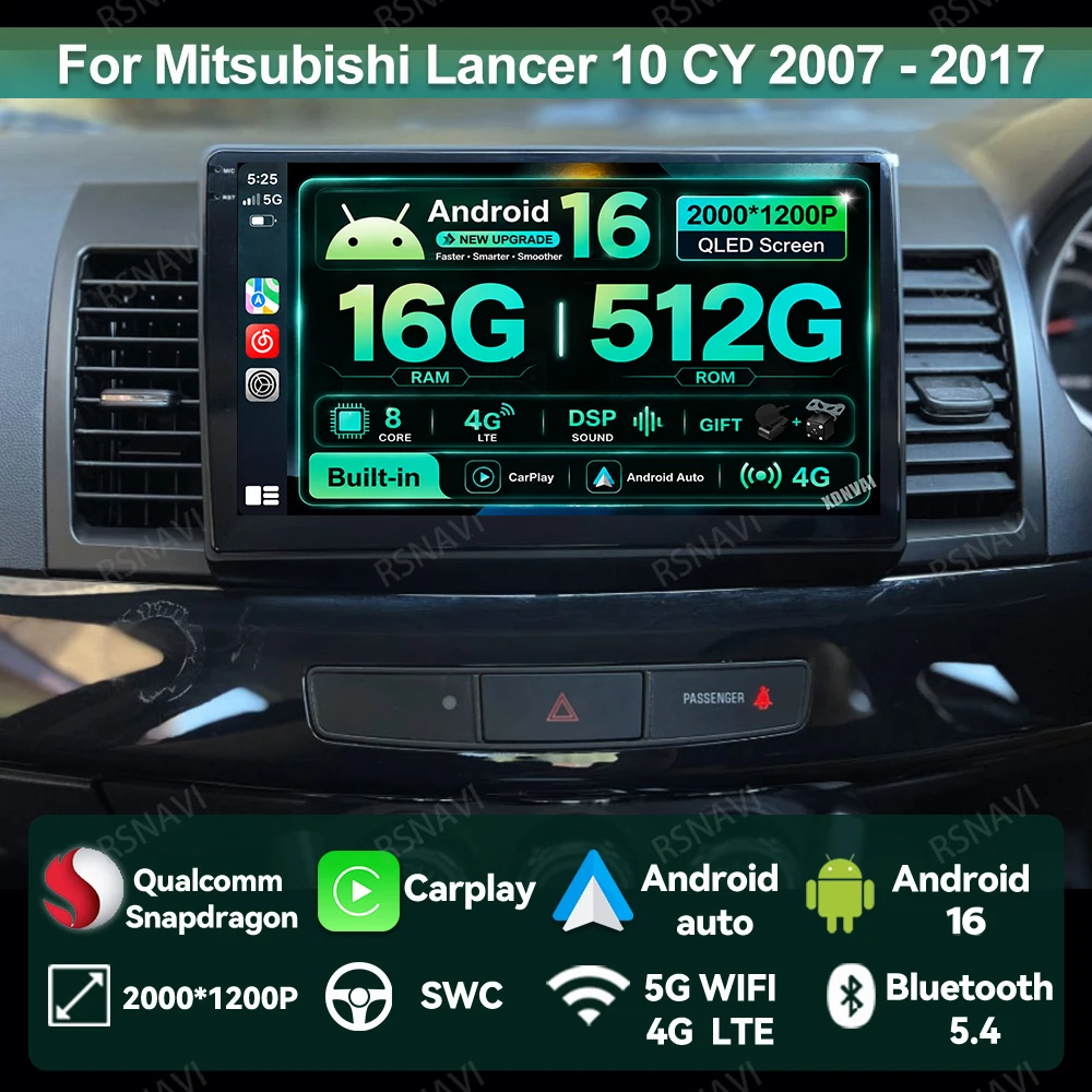 Car Radio Android 16 For Mitsubishi Lancer 10 CY 2007 - 2017 Multimedia QLED DVD BT Wireless Carplay Auto Qualcomm 4G LTE GPS