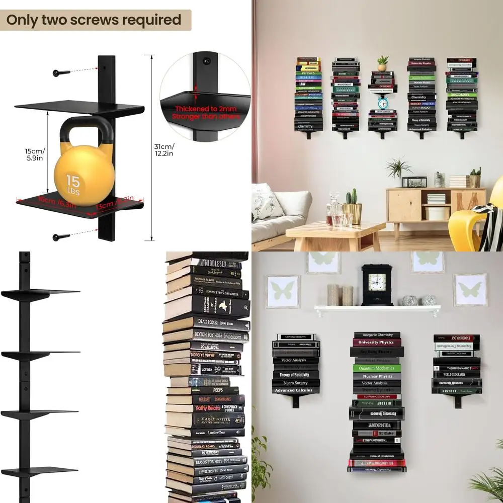 

8-Tier Wall-Mounted Floating Shelves, Vertical Book Organizer, Space-Saving Metal Racks for Home/Office, 4-Pack Black
