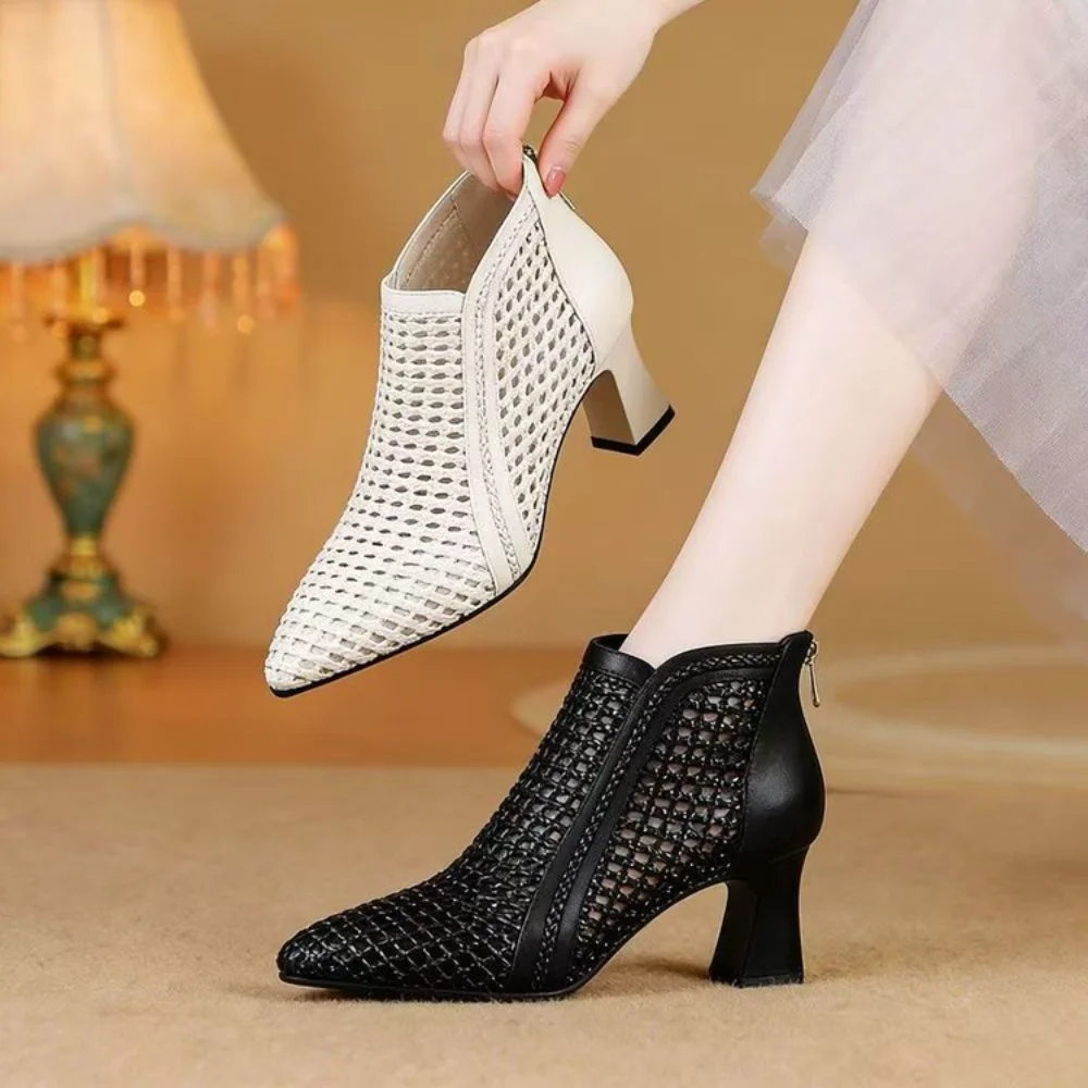 Women's Perforated Cutout Ankle Boots, Pointed Toe Kitten Heel Back Zip Shoes for Spring Summer Office Wear view 5