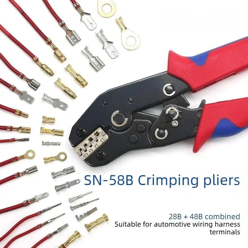 SN-58B Crimping Pliers for 6.3/4.8/2.8 Spade Terminals, Ratchet Cold Press Tool for Automotive Wire Harness & Power Terminals