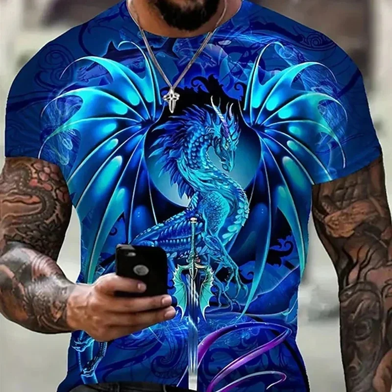 Summer New Vintage Print Super Dragon Tiger Pattern Men's T-shirt Street Fashion Element Round Neck Short Sleeve Top Plus Size