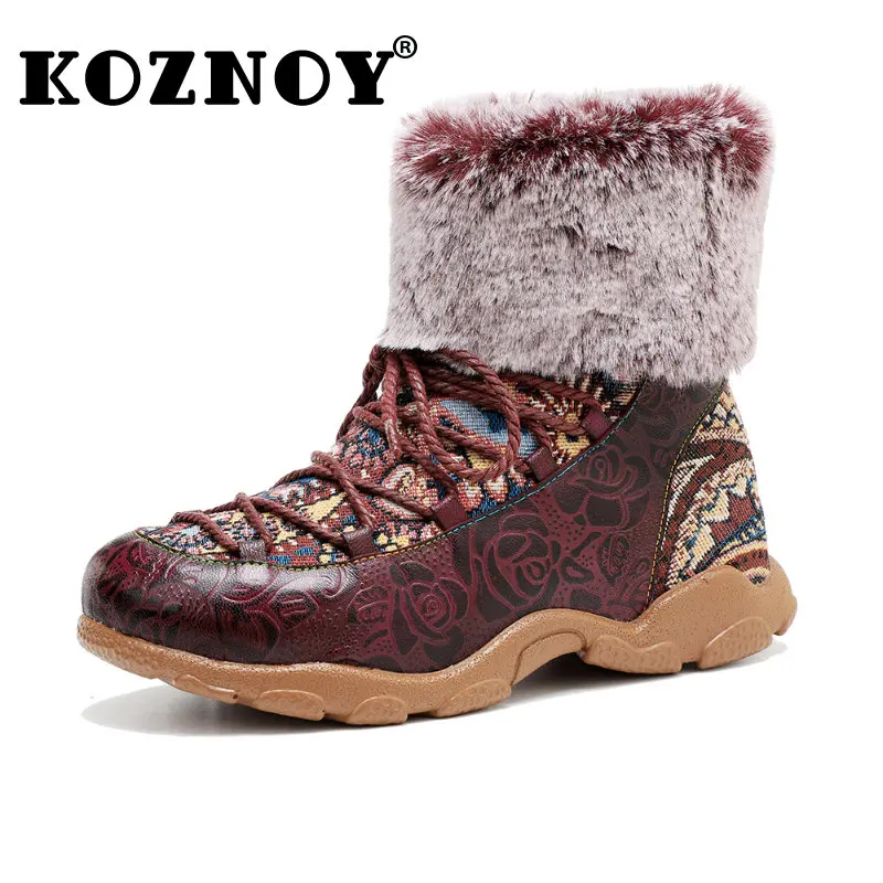 

Koznoy 3cm New Print Cloth Embossed Flower Sheepskin Leather Autumn Spring Ankle Boots Woman Flats Loafer Ladies Plus Size Shoes