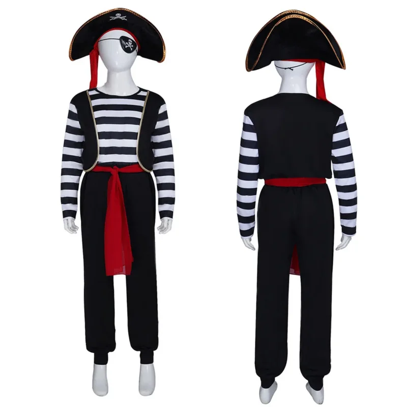 Disfraz de capitán pirata para niños, traje de Cosplay a rayas blancas y negras, Tops, pantalones, sombrero, cinturón, sombra de ojos, juego de rol de pirata caribeño, Halloween