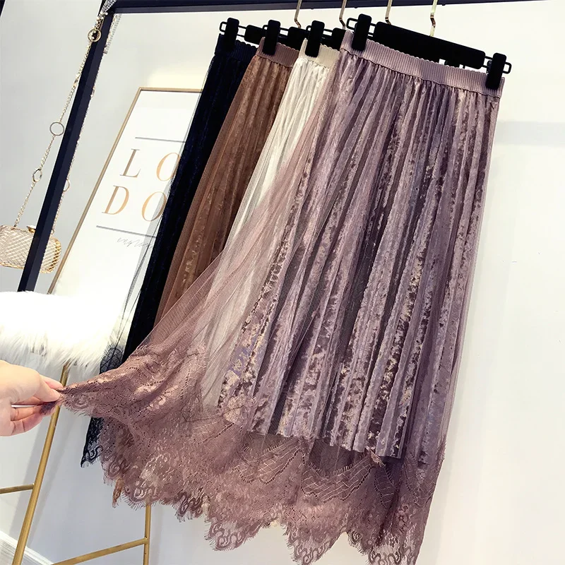 Winter New Women Super Fairy Lace Spliced Velvet Skirt Autumn High Quality Elegant Tulle Long Pleated Skirt Falda Mujer Saias