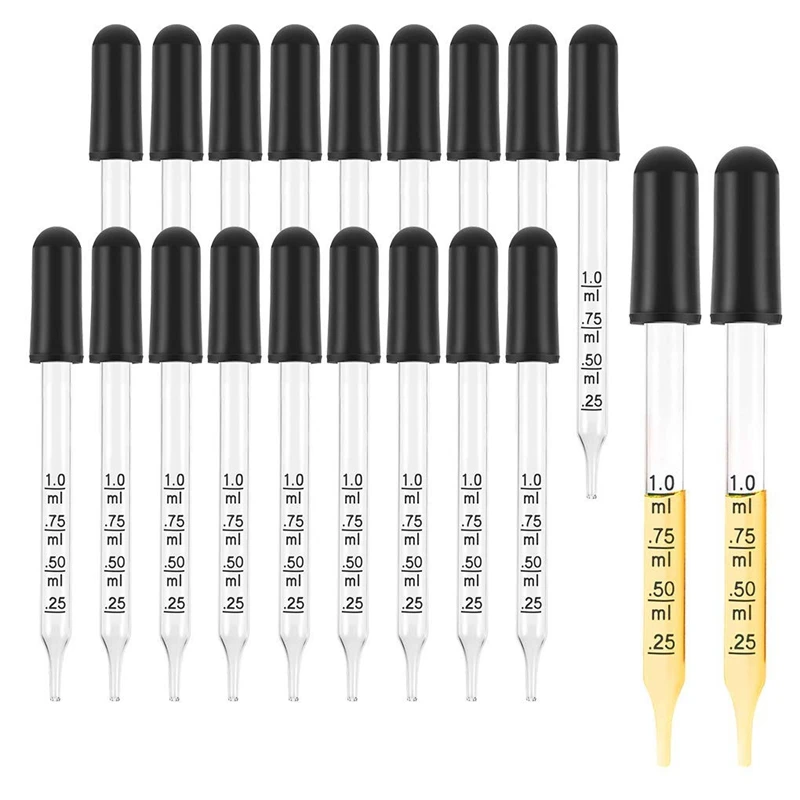 

20Pcs 1Ml Glass Liquid Droppers, Eye Dropper Pipettes With Black Suction Bulb, For Makeup Art Liquid,Straight Tip Style