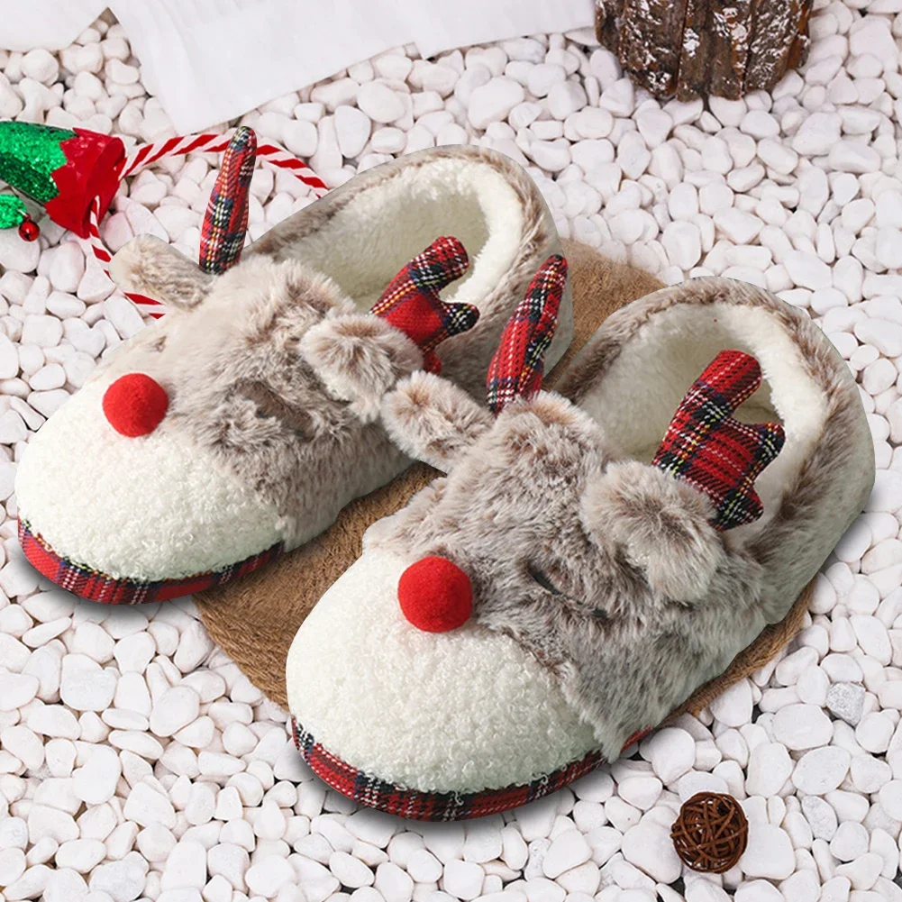

Women Christmas Elk House Slippers Non-slip Home Cotton Shoes Cozy Reindeer Soft Shoes for Cold Weather Home Indoor