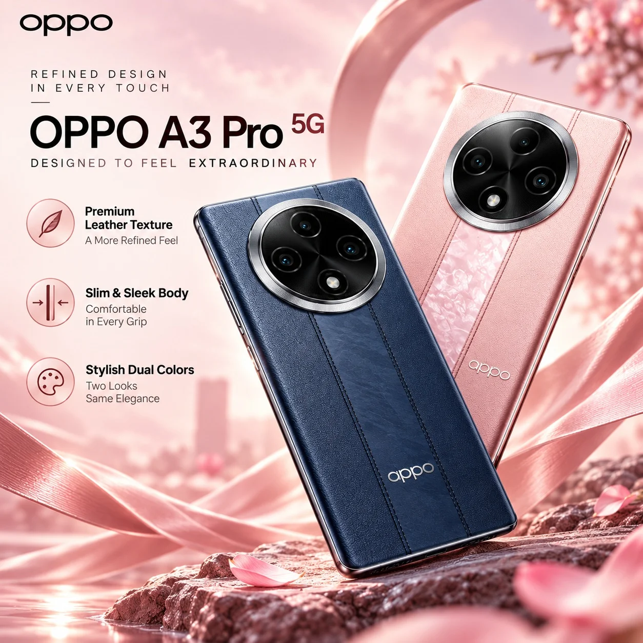 OPPO A3 Pro 5G: 8GB+256GB, Dimensity 6300, 120Hz display, 50MP AI camera, 5000mAh battery and 67W SUPERVOOC for all-day power.