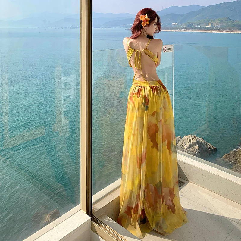 Stunning Island Vacation Style Backless Strap Dress Beautiful Mesh Gradient Fairy Skirt Lightweight Summer Casual Women's Dress
