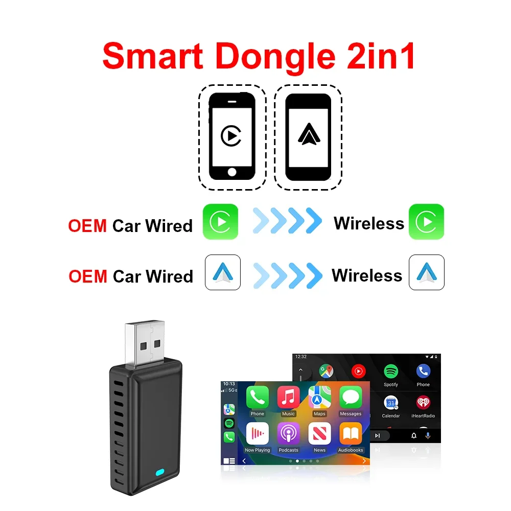 Wired to Wireless Carplay Android Auto Adapter 2 IN 1 AI Box for OEM Car Stereo Plug and Play Smart Link For Android IOS Phones