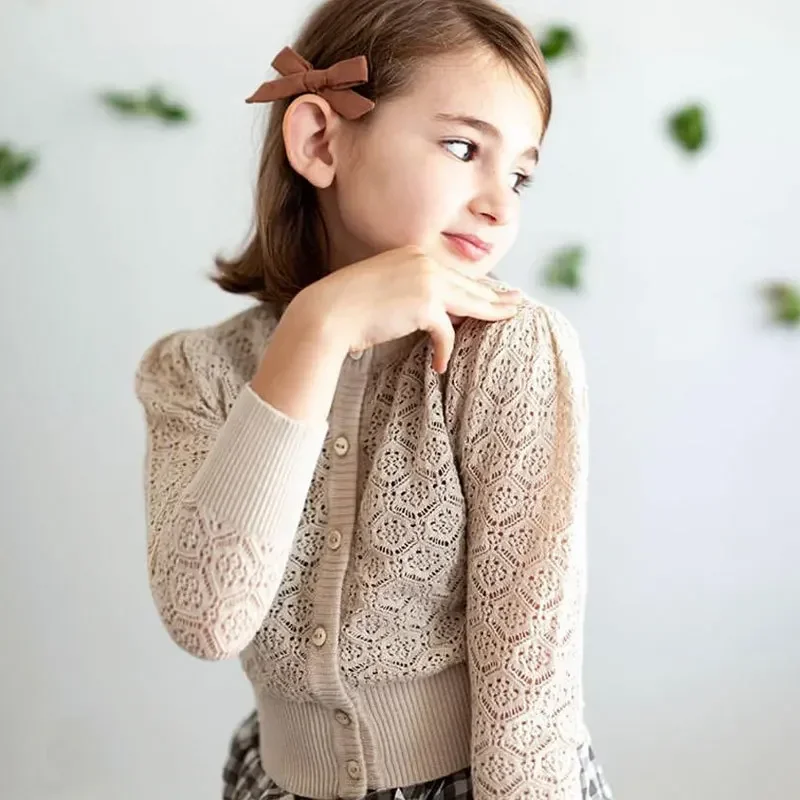 New Spring Soor Ploom Children Pure Color Outside Girl's Knitting Cardigan Coat Thin Baby Girl Sweater Top Sweater Kids Sweaters