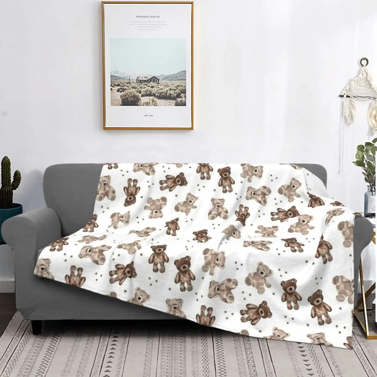 Teddy Bear Cute Pattern Cartoon Blanket Flannel Decoration Multifunction Super Warm Throw Blanket for Bedding Outdoor Quilt