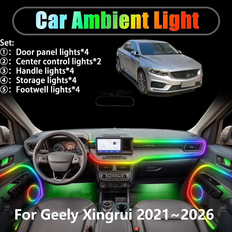 

For Geely Xingrui FS11 2021~2026 Mid 2/18 in 1 Car ambient lighting Led trunk interior led lights USB RGB Ensemble Streamer Auto