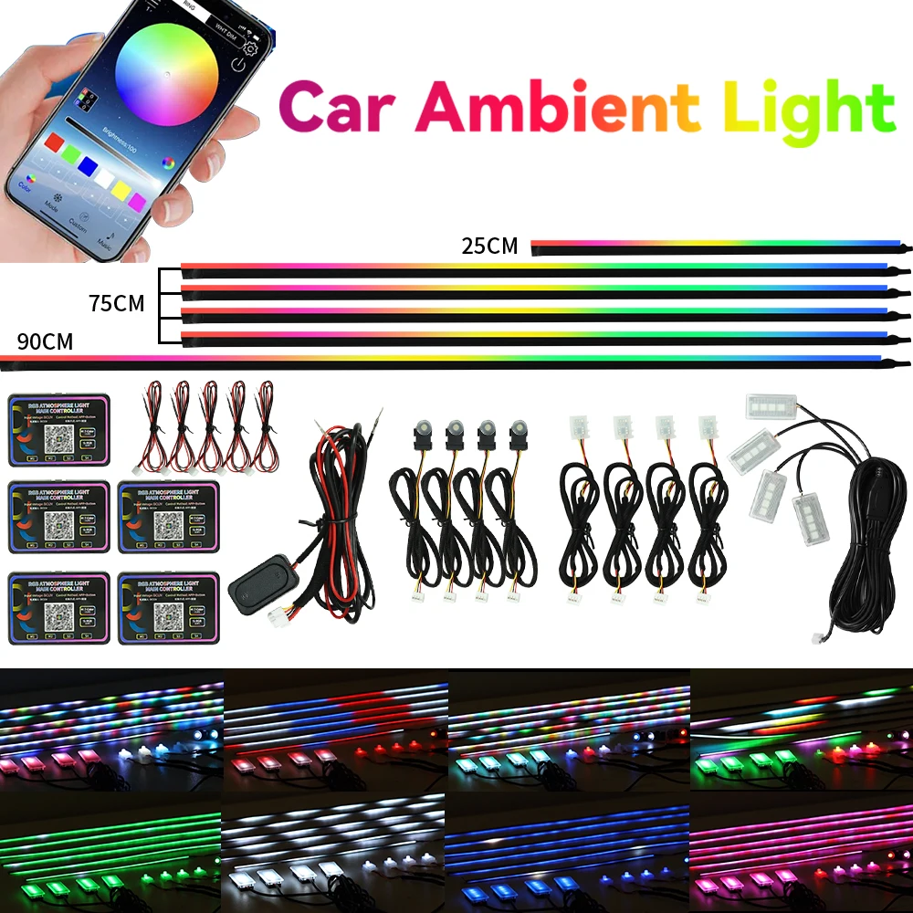 

Светодиодный автомобильный окружающий свет RGB 64 213 Цветная симфония Акриловая лампа-стример с приложением Атмосфера Одна зона Двухзонный автомобильный окружающий свет для ног