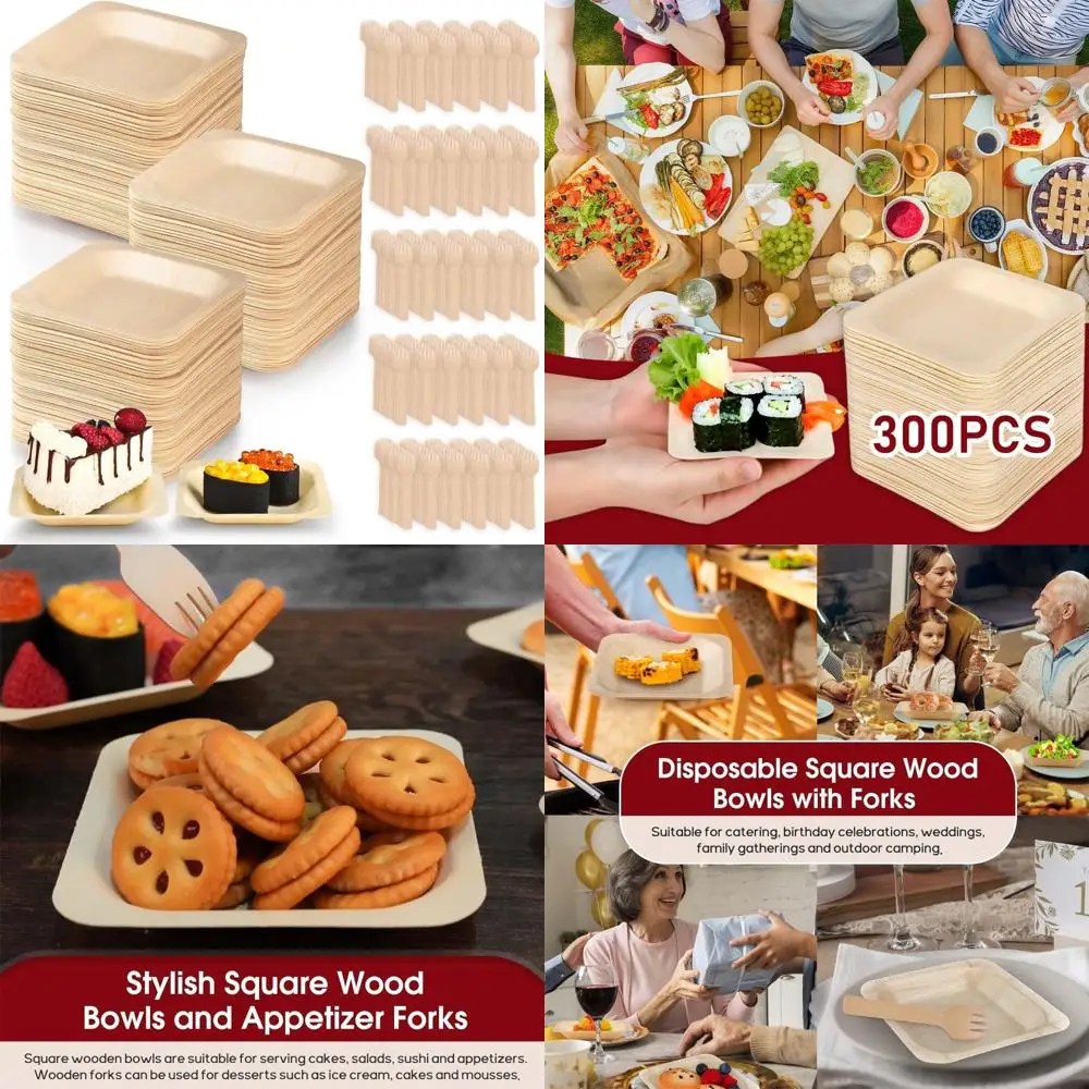 

Одноразовые миски из пальмовых листьев, квадратные бамбуковые тарелки для закусок, компостируемые деревянные тарелки с бамбуковыми вилками для свадеб и дней рождения