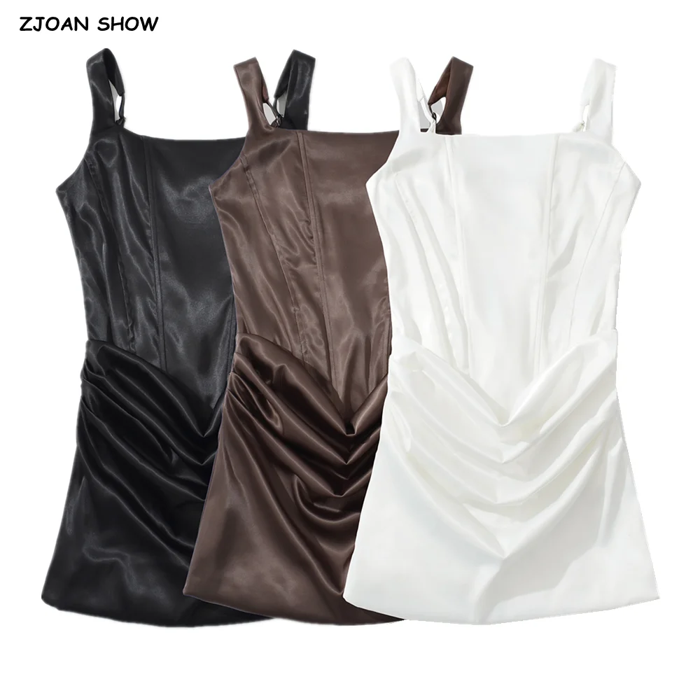 Nouveau Sexy désossage taille mince robe en Satin femmes taille basse ourlet froncé croix laçage dos de pansement Mini robes à bretelles Femme robes