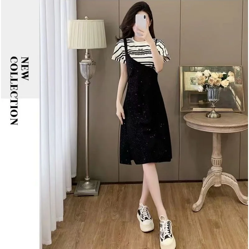 ผู้หญิงฤดูร้อนสบายๆลายTเสื้อPatchwork Midi Dress 2025 ใหม่Ladyแฟชั่นแขนสั้นปลอม 2 ชิ้นชุด