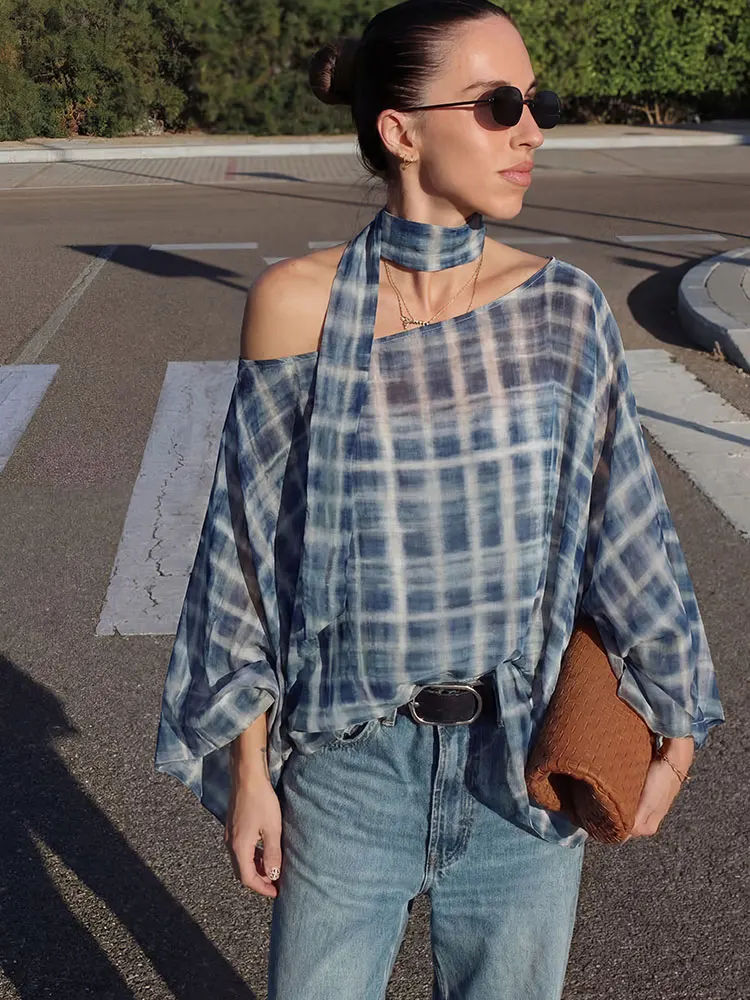 Womens Plaid Off Shoulder Blouse with Matching Neck Scarf Flowy Batwing Sleeve Lightweight Casual Top for Street Everyday Style