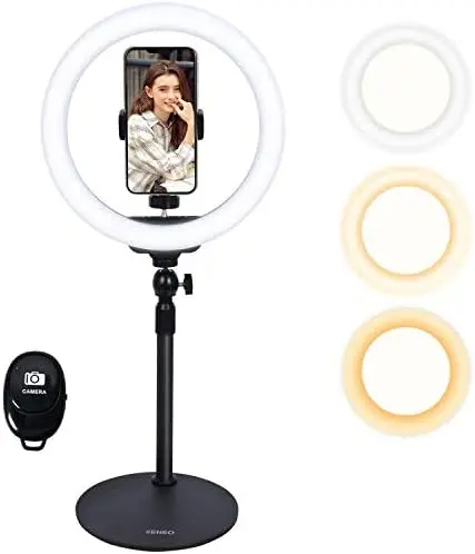 

10" Desktop Selfie Ring Light with Stand and Phone Holder for iPhone Android, 3 Light Modes Dimmable LED Ringlight for Y