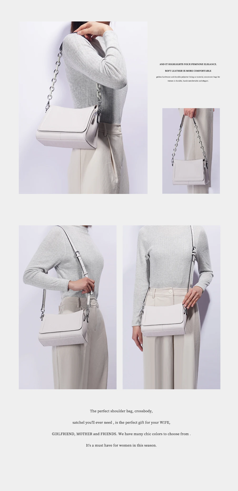 Zency Acryl-Ketten-Handtasche aus weichem Leder mit Tragegriff, luxuriöse kleine Unterarm-Umhängetasche für Damen, weiß, modische Schultertasche – Detail 5