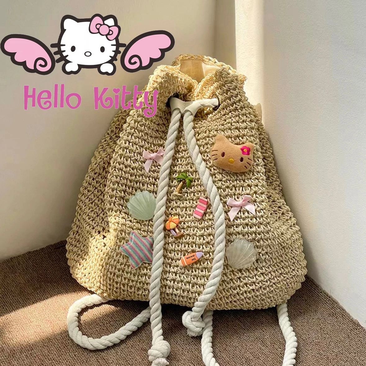 

НОВЫЙ пляжный рюкзак Hello Kitty высокого качества MINISO Sanrio, милый дорожный пляжный отдых, вязаная сумка на одно плечо, подарочная сумка для девочек