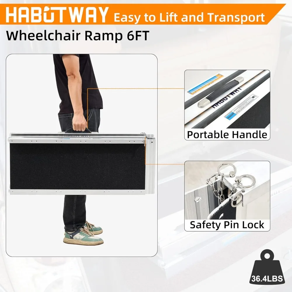 6ft Wheelchair Ramp, Portable Wheelchair Ramps for Home Steps, Double Non-Skid Ramps Hold Up to 800Lbs, Threshold Ramp for Home