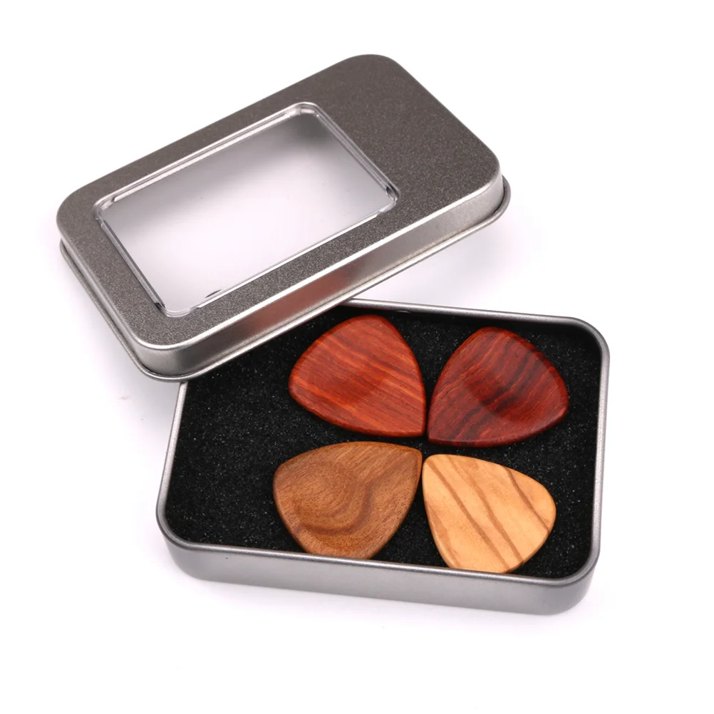 1 Set/5 Pcs Iron Case and Wooden Guitar Pick Guitar Pickup Accessories Box Guitar Pick Collection Holder Storage Box (Box and 4