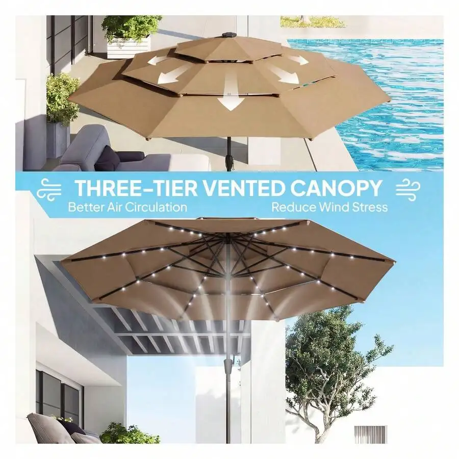 

9.7 Ft Outdoor Patio Umbrella With Tilt Crank 3 Tier Vented Canopy UV Protection For Garden Deck
