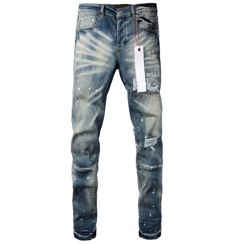 Europe American Trend New Purples Jeans Retro Splicing Splash-ink Denim Trousers Elastic Slim Pencil Pants Men Women