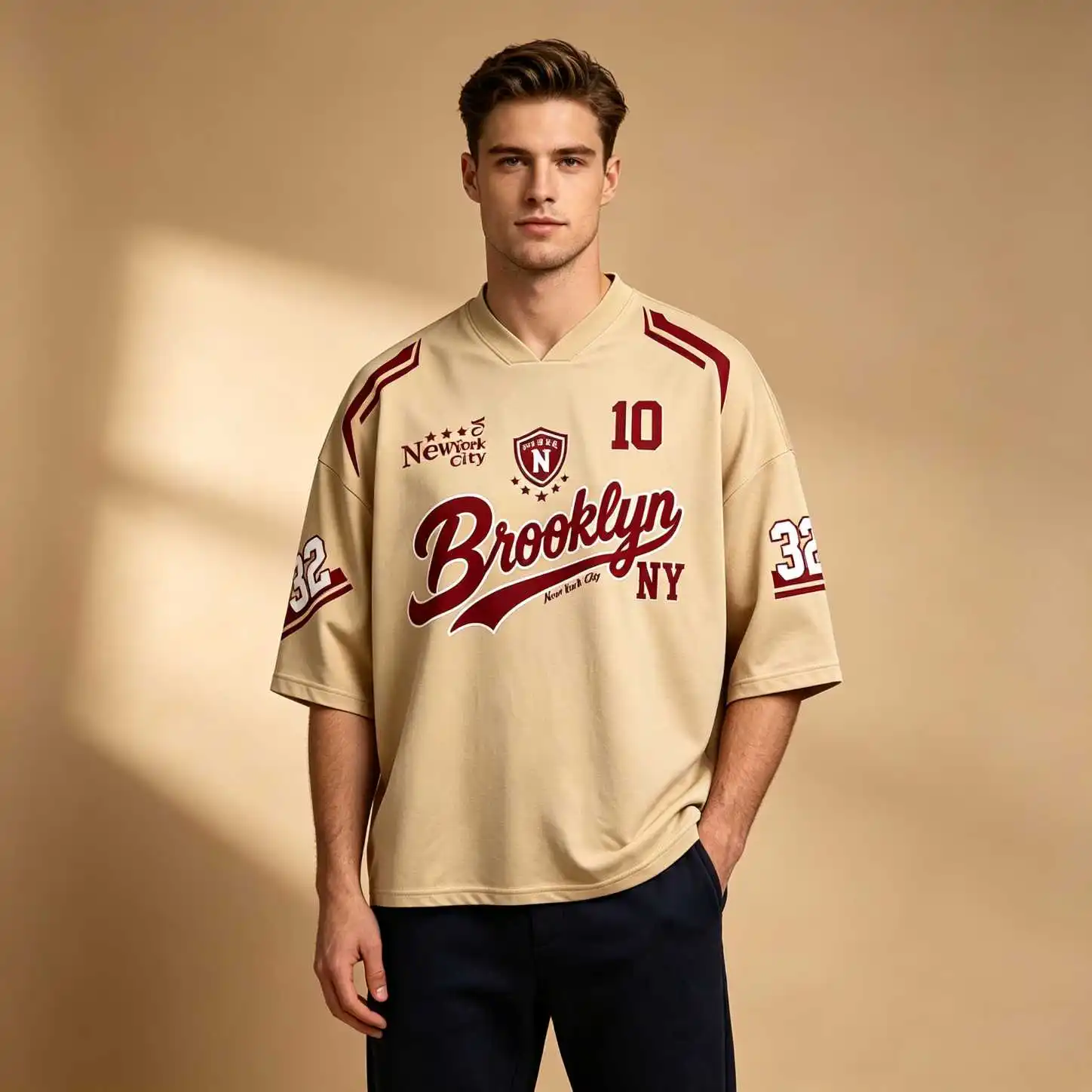 Oversized V Neck Elbow Sleeve Khaki Tee, Men New York Brooklyn City Print Retro Streetwear Summer Casual Loose Fit