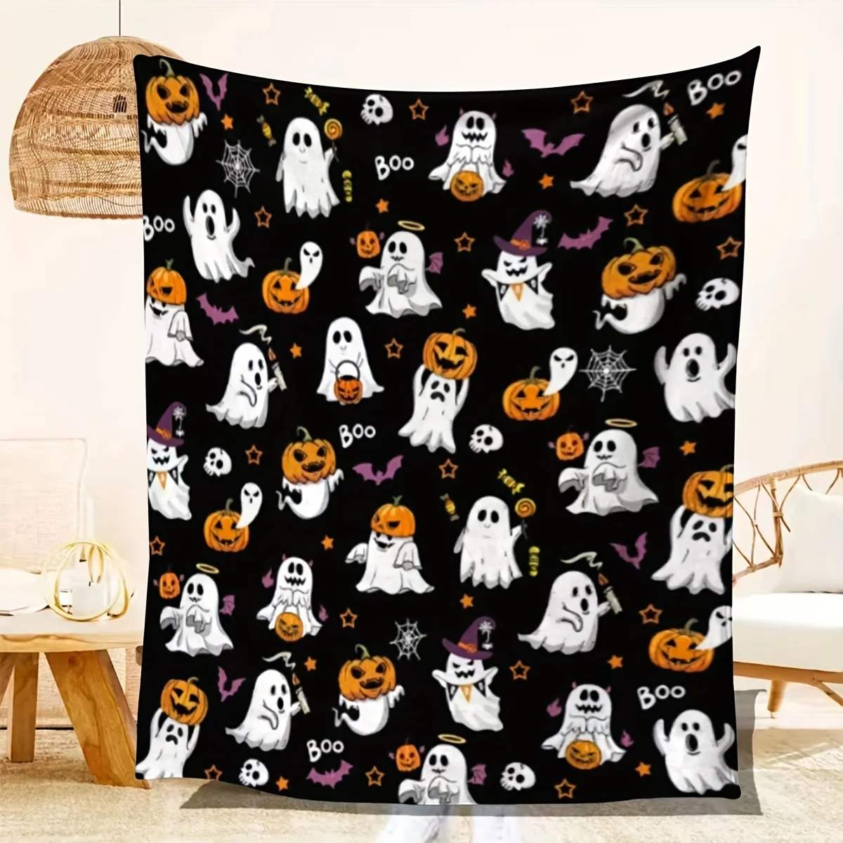 

Halloween Ghost and Pumpkin Print Throw Blanket Bats Witch Hat Pattern All Seasons Soft Comfort Festive Gift Flannel Blankets
