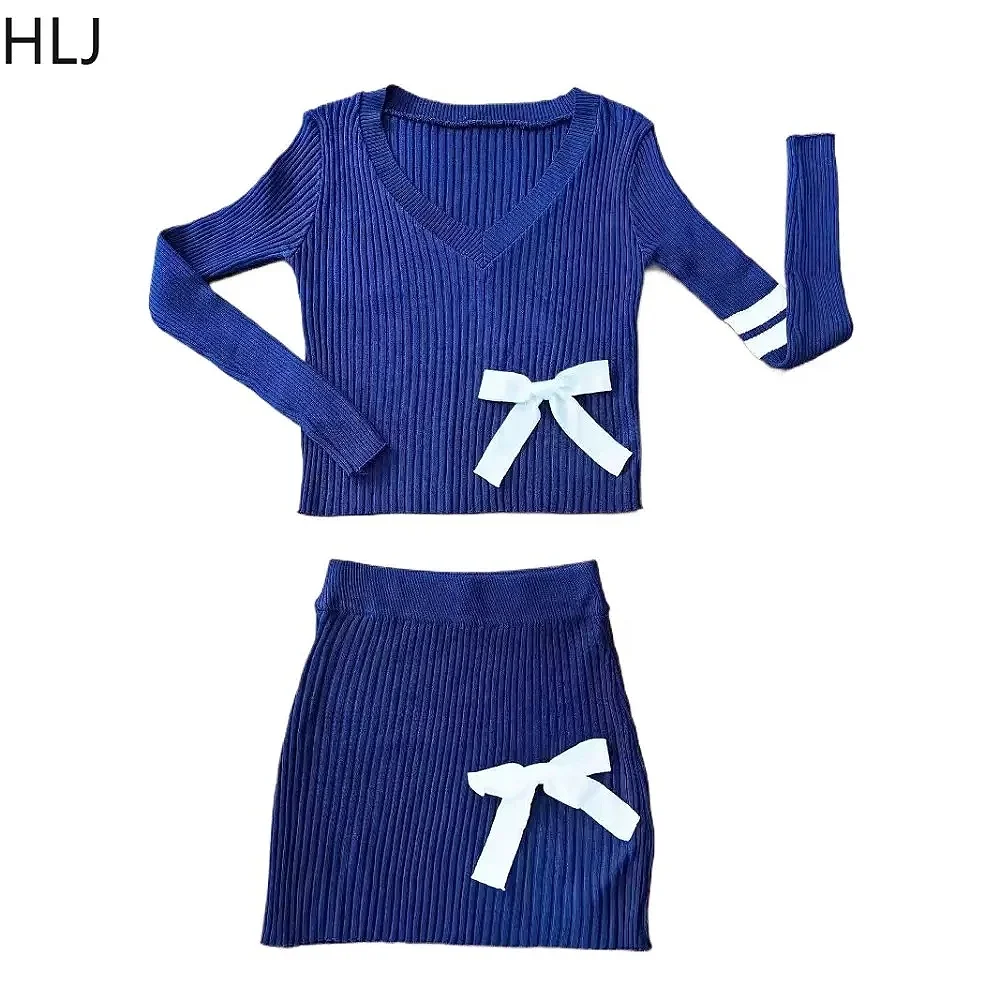 HLJ Sweet Bow Knitting Two Piece Sets Women V Neck Long Sleeve Slim Top And Mini Skirts Outfits Fashion Solid Stretchy Clothing